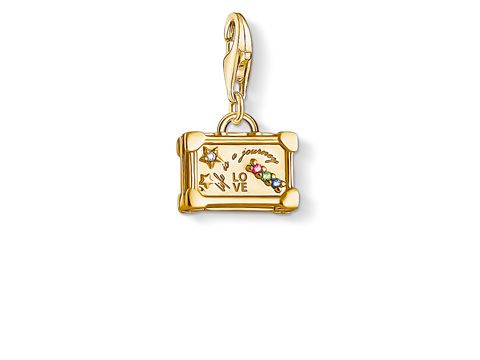 Charm-Anhänger in Form eines Koffers von Thomas Sabo, mehrfarbig mit bunten Steinchen und eingraviertem Wort "LOVE", ideal für Strand- und Meer-Liebhaber.