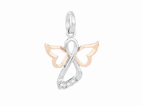 Engel Anhänger aus rhodiniertem Silber mit bicolor Akzenten und weißen Zirkonia, Hersteller Juwelier Harnisch, elegante und filigrane Darstellung eines Engels in stilvollem Design.