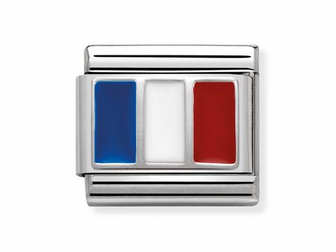 Flagge Frankreichs in den Farben Blau, Weiß und Rot dargestellt auf einem eleganten Edelstahl-Basisdesign von Nomination, geeignet für die Composable Classic Kollektion.