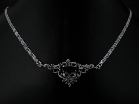 Silber Collier Kette mit Markasit und Onyx, geschwärzt, elegante Vintage-Optik, Länge 56,5 cm, handgefertigt vom Juwelier Harnisch, ideal für besondere Anlässe.