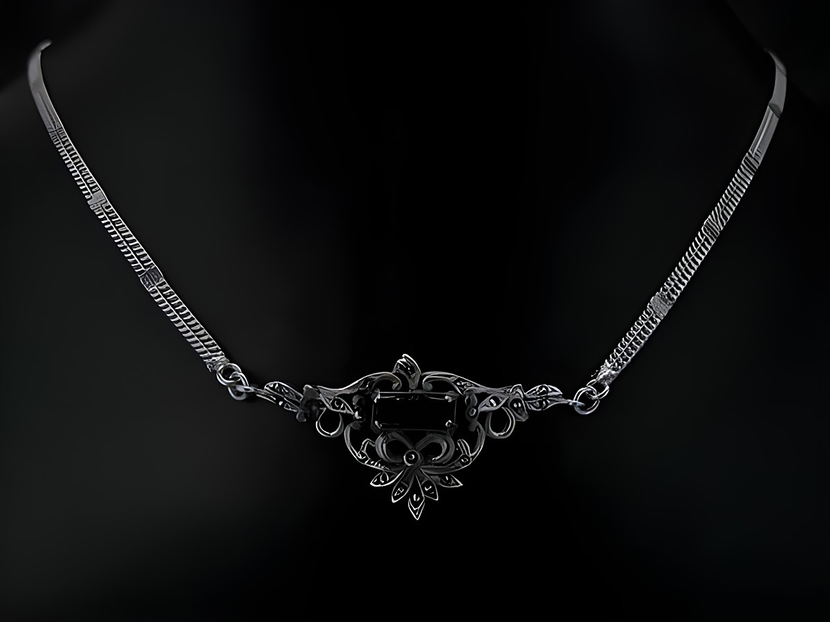 Silber Collier Kette mit Markasit und Onyx, geschwärzt, elegante Vintage-Optik, Länge 56,5 cm, handgefertigt vom Juwelier Harnisch, ideal für besondere Anlässe.