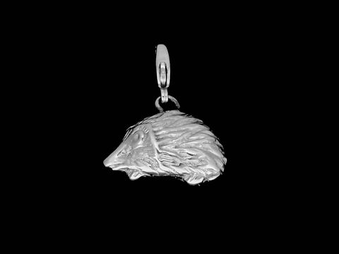 Igel Anhänger aus 925 Sterling Silber rhodiniert, niedlich gestaltet mit detaillierter Prägung, ideal für Tierliebhaber, Hersteller Juwelier Harnisch, mit Karabiner.