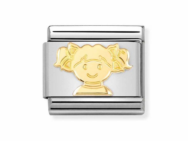 Ein charmantes Element aus Edelstahl mit einem goldenen Mädchenmotiv, geeignet für Schmuck von Nomination, Modell 030162 73 Classic. Gold 750 verleiht dem Schmuckstück einen eleganten Glanz.