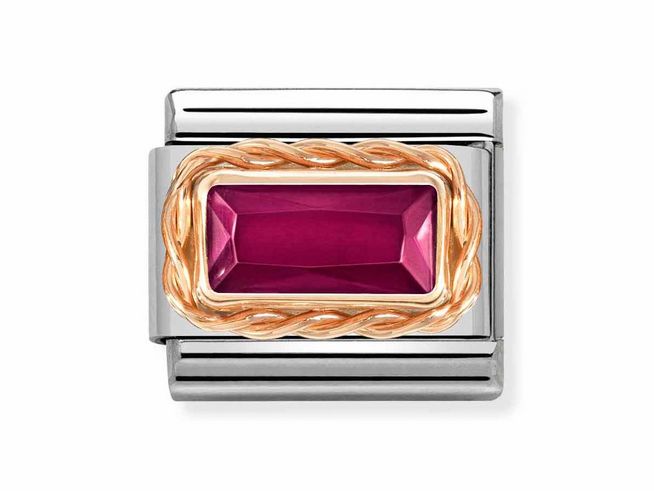 Roségold Classic Edelstahlarmband mit roter Zirkonia, elegantes Design mit einer detaillierten, geflochtenen Roségoldauflage und rechteckigem Edelstein im Zentrum.