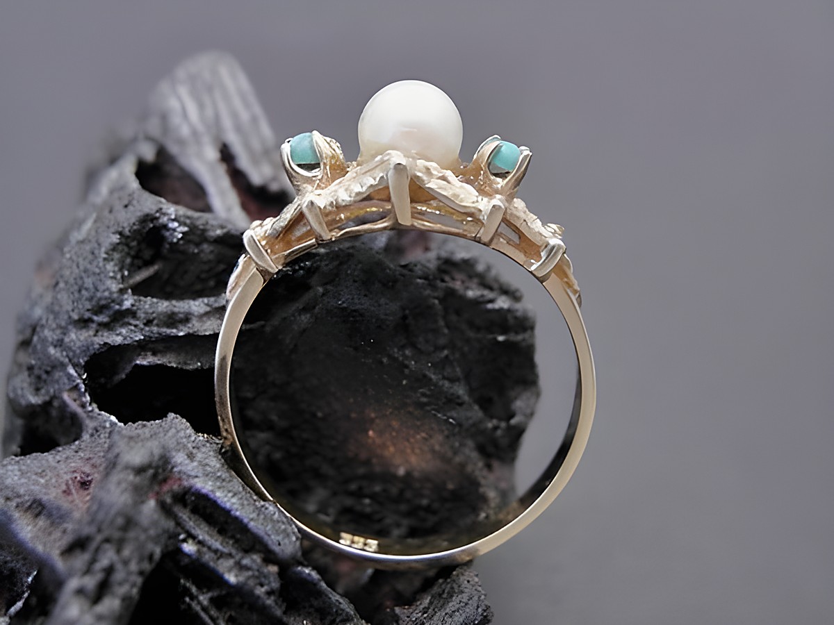 Goldring exquisit Gr. 54 mit Zuchtperle und Türkis, gefertigt aus Gold 333, Hersteller Juwelier Harnisch, bis Größe 54/17,5. – Ansicht 2