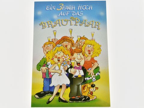 Eine bunte Hochzeitskarte mit fröhlichen Cartoon-Charakteren, die dem Brautpaar gratulieren. Die Textbotschaft hebt die Freude über die Hochzeit hervor und zeigt Sektgläser.