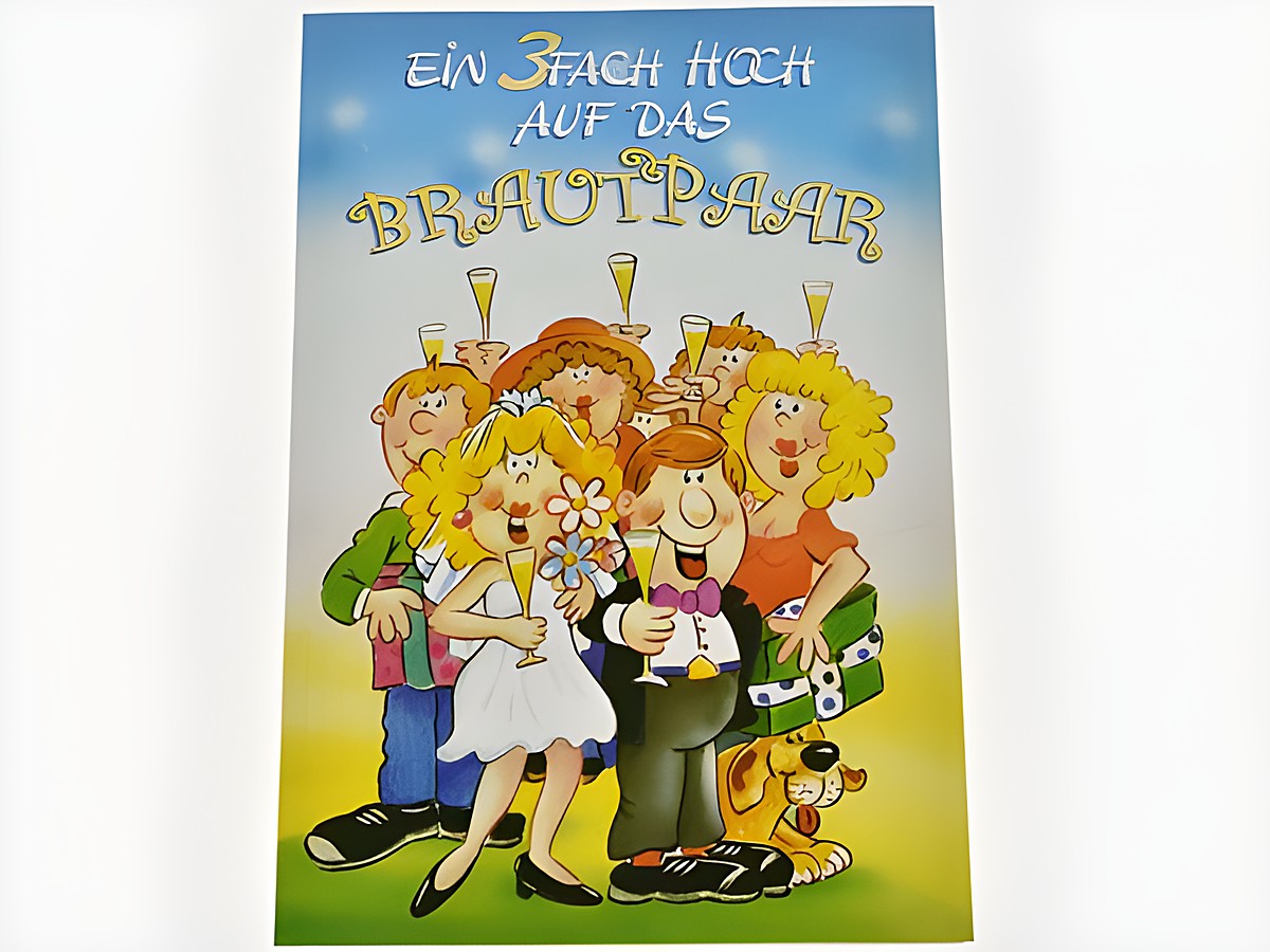 Eine bunte Hochzeitskarte mit fröhlichen Cartoon-Charakteren, die dem Brautpaar gratulieren. Die Textbotschaft hebt die Freude über die Hochzeit hervor und zeigt Sektgläser.
