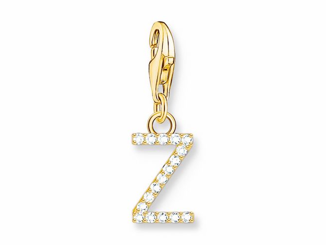 Charm-Anhänger in Form des Buchstabens Z aus Silber mit Vergoldung in Gelbgold, besetzt mit funkelnden weißen Zirkonia-Steinen, ideal für persönliche Schmuckgestaltungen.