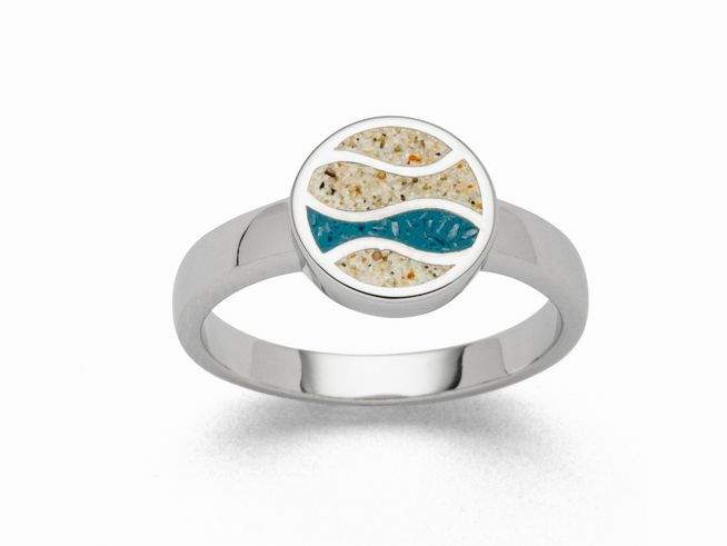Sterling Silber Ring von DUR mit Strandwellenmotiv aus Strandsand und blauem Steinsand in Größe 54. Elegantes Design mit runder Oberfläche und feinen Details. Ideal für Strandliebhaber.