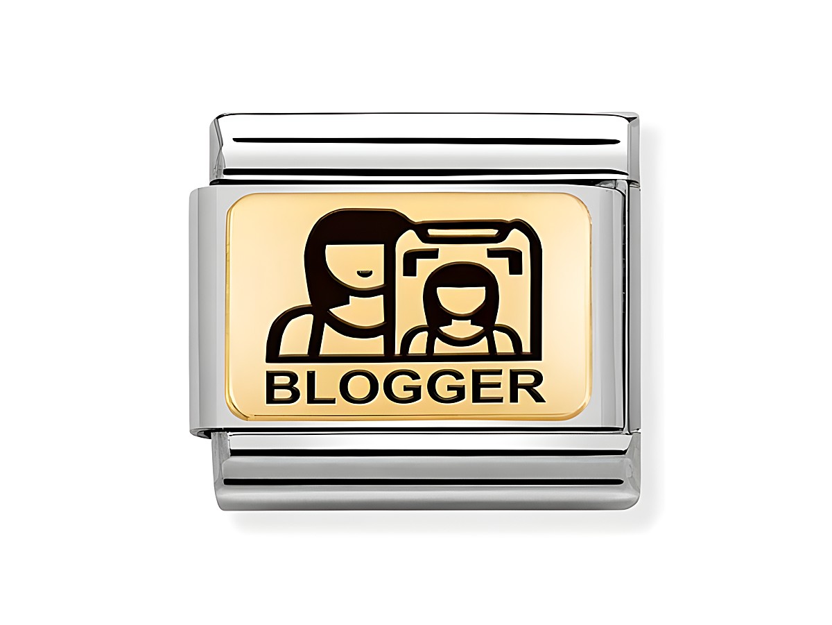 Edelstahl und Gold Charm von Nomination mit emailliertem Blogger-Motiv und der Aufschrift Blogger. Ein stilvolles Accessoire für kreative Köpfe. Ideal für den modischen Ausdruck.