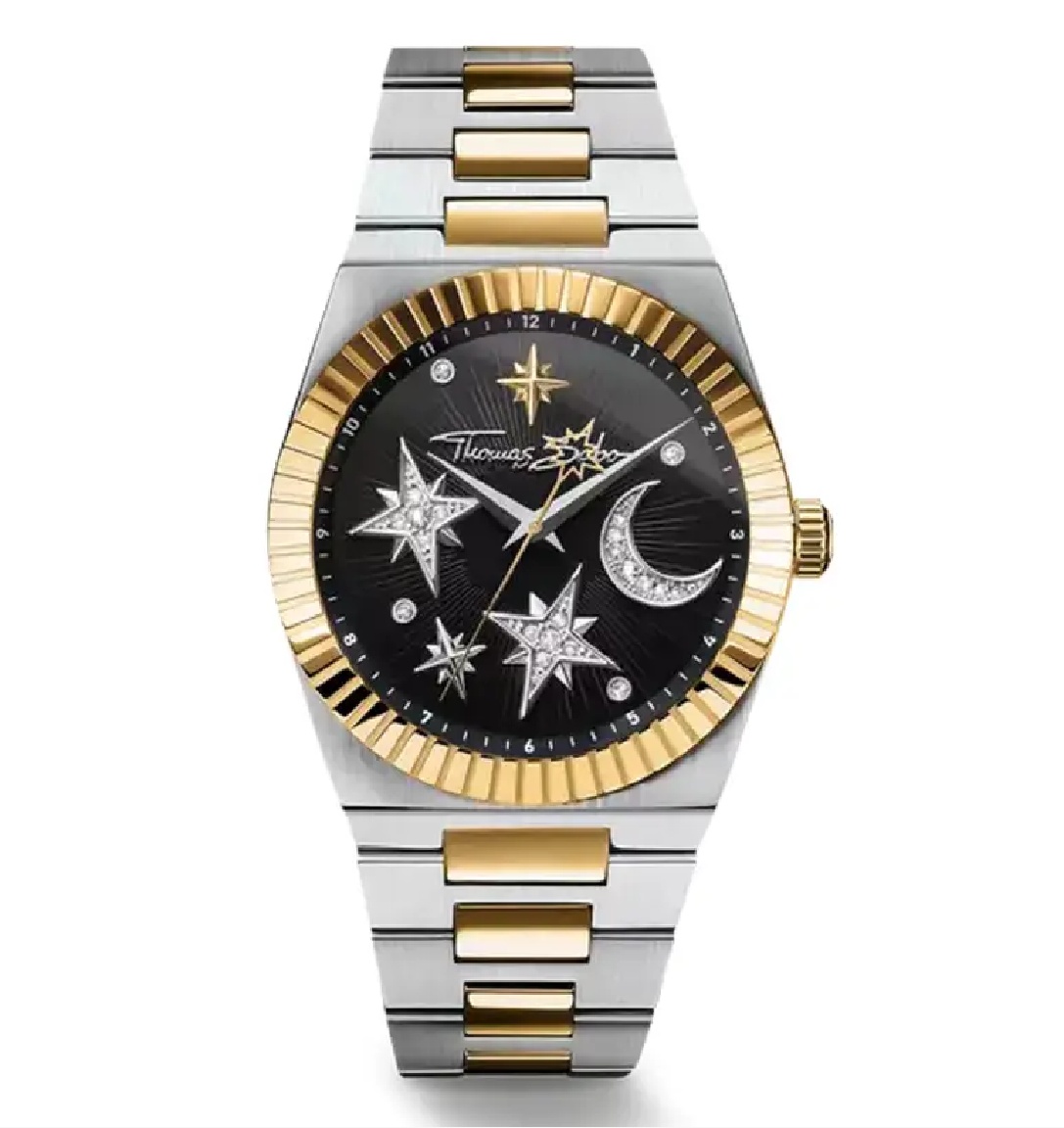 Thomas Sabo Uhr mit schwarzem Ziffernblatt, goldfarbener Lünette, Sternen und Mondmotiven, Edelstahlarmband in Silber und Gold, 39 mm Durchmesser, Neuheiten.