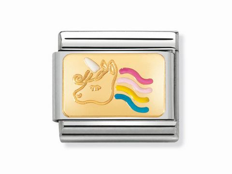 Ein goldener Emaille-Anhänger mit einem Einhornkopf und bunten Mähnenschwüngen in Rosa, Blau und Gelb, umrahmt von einem silbernen Rahmen, Hersteller Nomination, Märchenemailliert.