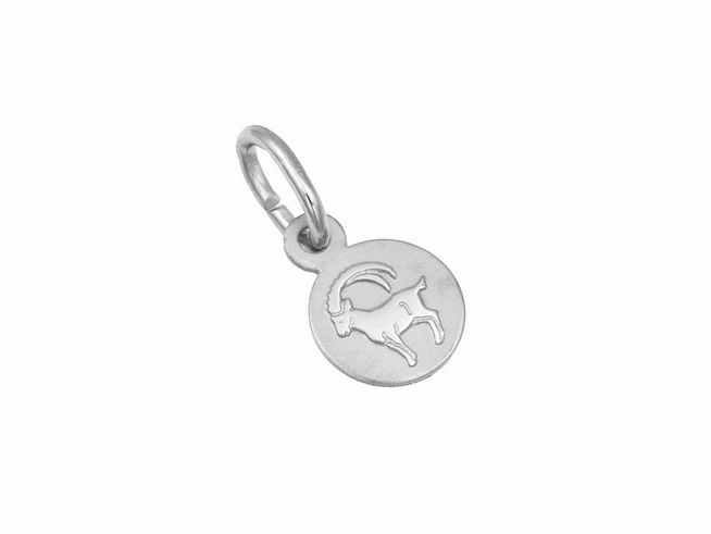 Silber Anhänger mini Sternzeichen Steinbock teilmattiert rhodiniert rund, Hersteller Juwelier Harnisch, mit einem eingeprägten Steinbockmotiv. Ideal für astrologische Schmuckliebhaber.