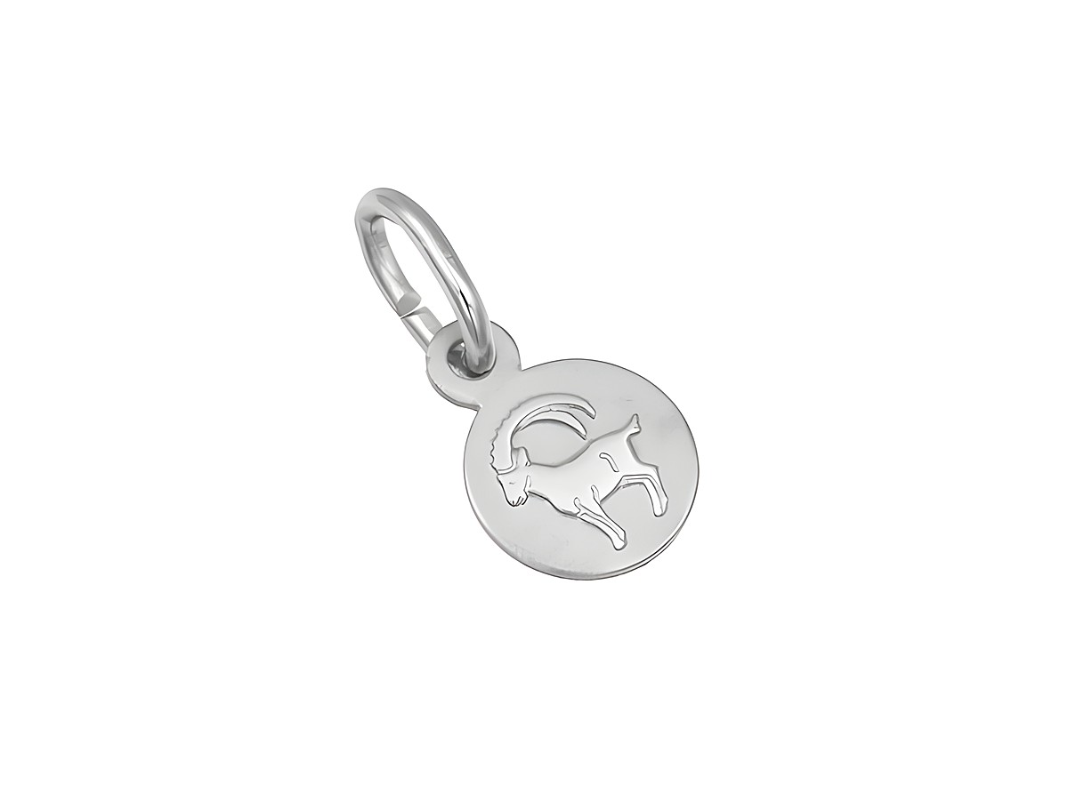 Silber Anhänger mini Sternzeichen Steinbock teilmattiert rhodiniert rund, Hersteller Juwelier Harnisch, mit einem eingeprägten Steinbockmotiv. Ideal für astrologische Schmuckliebhaber.