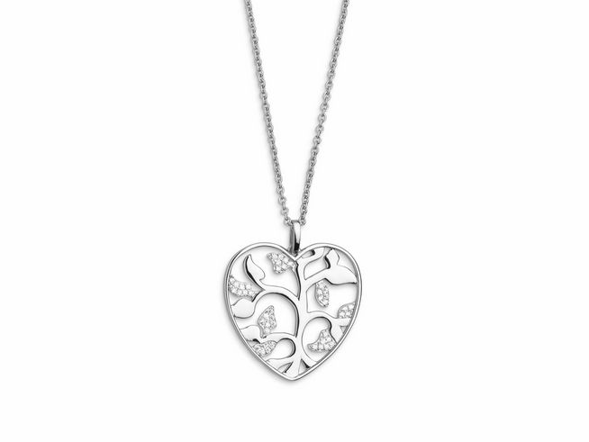 Xenox Sterling Silber Anhänger XS2941 Lebensbaum in Herzform mit filigranem Design und funkelnden Akzenten an einem zarten Silberkettchen. Elegantes Schmuckstück.