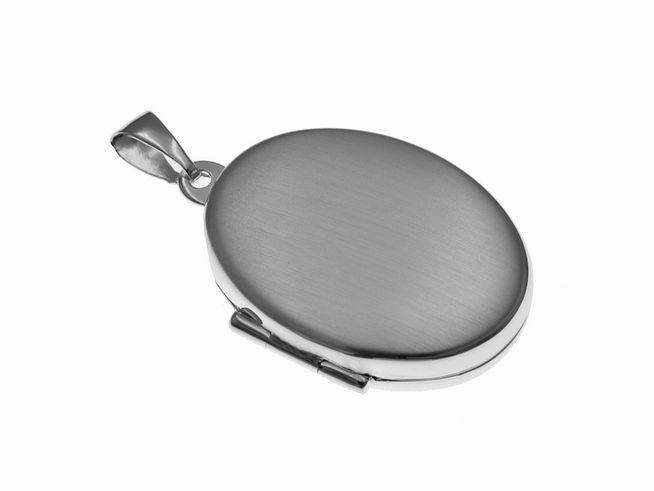 Medaillon aus Sterling Silber, ovaler Anhänger von Juwelier Harnisch, mit einer mattierten Oberfläche und einem geschmackvollen Design, ideal als Schmuckstück für persönliche Erinnerungen.
