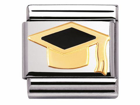 Schwarzer Doktortitelshut aus Emaille von Nomination, verziert mit goldenen Akzenten, im klassischen Bicolor-Design, ideal als Charms für Schmuckstücke oder als Dekorationselement.