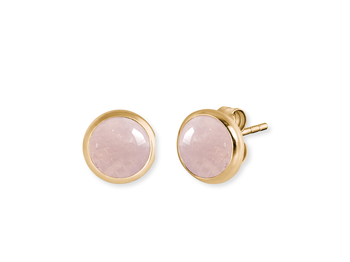 Ohrstecker aus plattiertem Gelbgold mit einem 10 mm großen Rosenquarzstein, elegantes Design von Engelsrufer, Teil der Kraftsteine Kollektion Powerful Stone.
