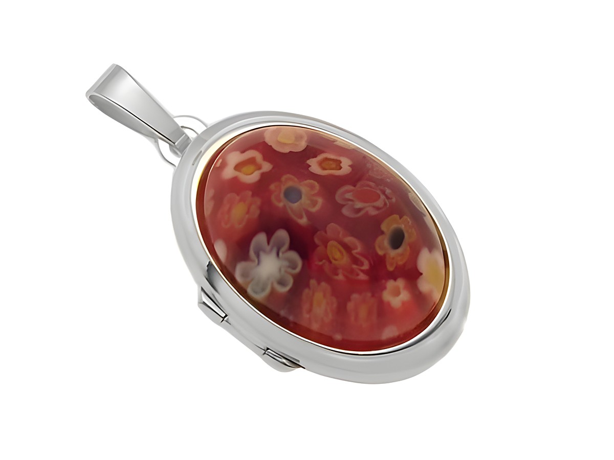 Millefiore Glas in Rot als Cabochon, eingefasst in ein Sterling Silber Medaillon vom Hersteller Juwelier Harnisch, stilvolles und farbenfrohes Schmuckstück.