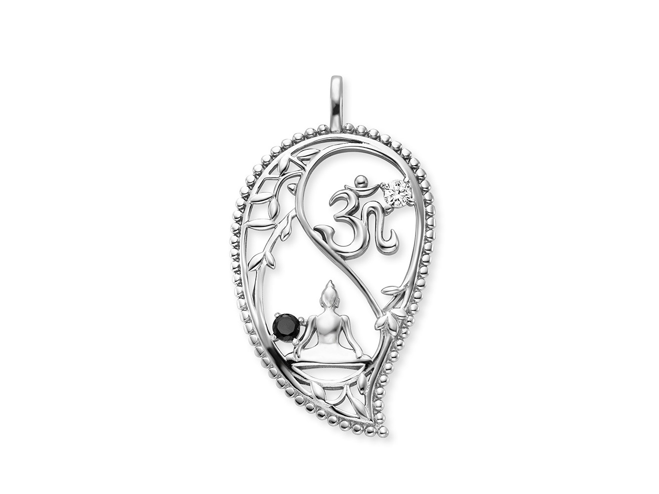 Engelsrufer Anhänger in tropfenförmiger Silber-Optik mit Zirkonia, verzierten Pflanzenmotiven und dem Yin Yang Symbol, ideal für eine harmonische Ausstrahlung.