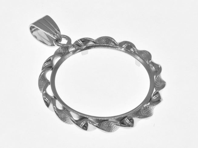 Münzfassung Anhänger aus rhodiniertem 925 Sterling Silber, geeignet für Münzen bis 24 mm Durchmesser, mit Kordel und dekorativem Rand, Hersteller Juwelier Harnisch.