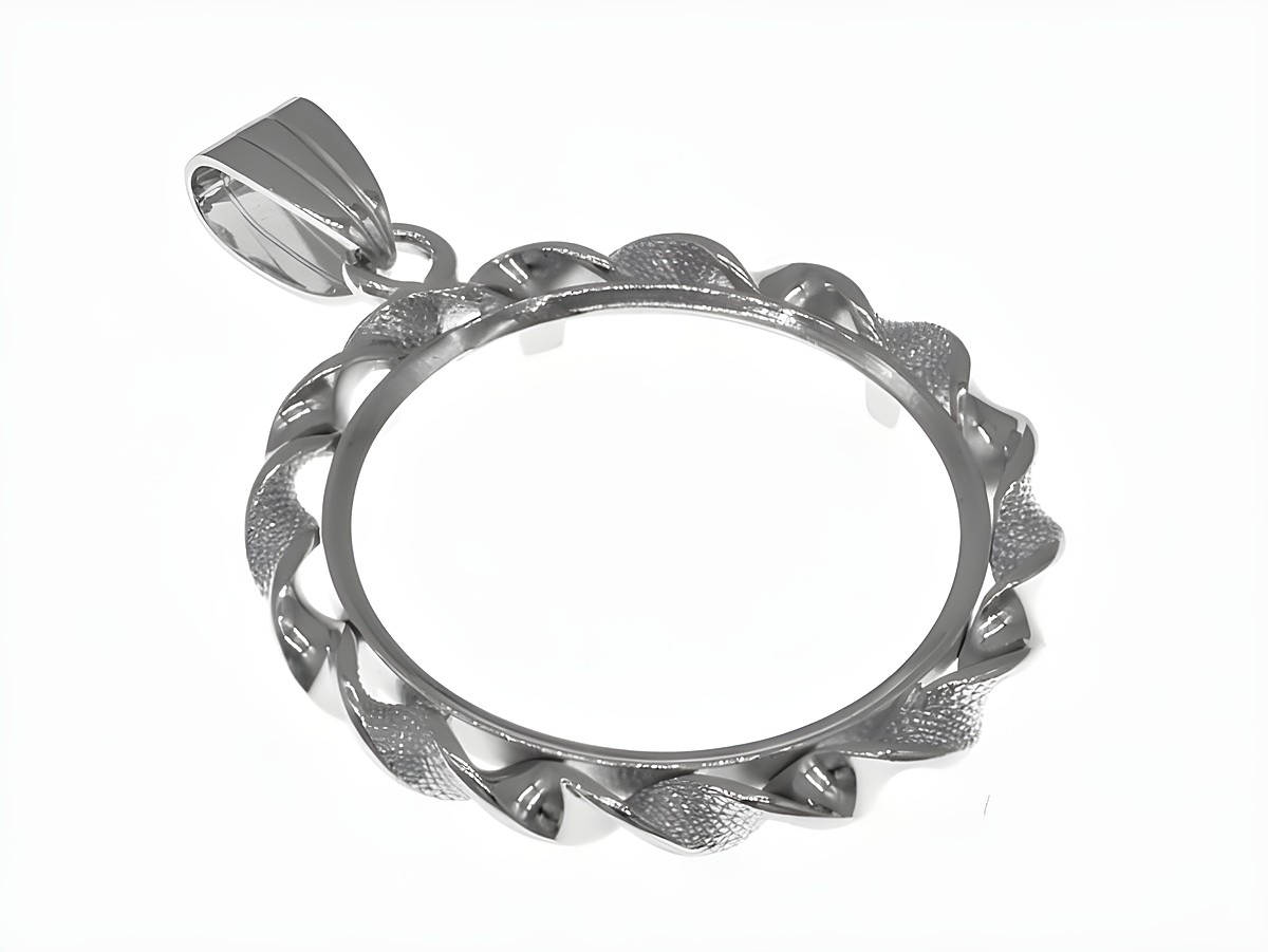 Münzfassung Anhänger aus rhodiniertem 925 Sterling Silber, geeignet für Münzen bis 24 mm Durchmesser, mit Kordel und dekorativem Rand, Hersteller Juwelier Harnisch.