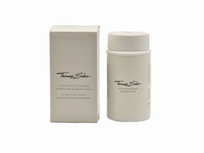 Thomas Sabo Schmuckpflegebad 375 ml in weißer Verpackung, mit der Aufschrift Schmuckpflegebad und Jewellery Bath, ideal zur Pflege von Silber- und vergoldetem Schmuck.