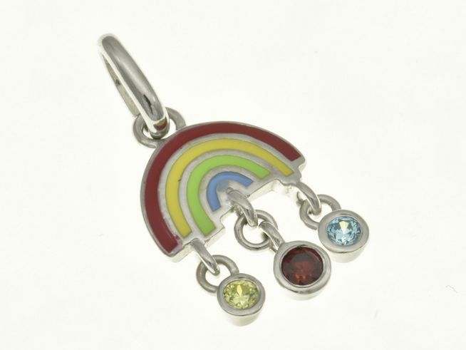 Regenbogen Anhänger aus rhodiniertem Sterling Silber mit Zirkonia, Blautopas und Lack, ideal für Kinder, Hersteller Juwelier Harnisch.