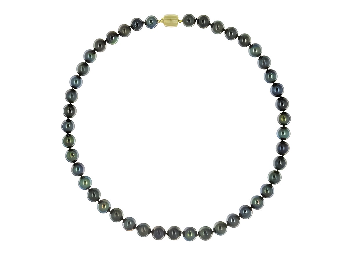 Süßwasser-Zuchtperlenkette in violett und grün, 8,5-9,5 mm Durchmesser, 42 cm lang, mit Goldverschluss 585, von Juwelier Harnisch, elegant und bunt gestaltet. – Ansicht 3