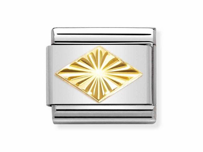 Edelstahl- und Goldanhänger von Nomination, Modell 030149 54 mit diamantierter Raute, glänzende goldene Fläche in der Mitte, umrandet von silbernem Edelstahl, zeitloses Design.