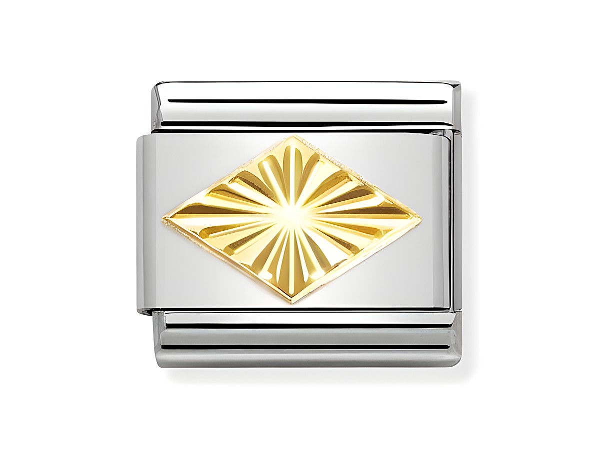 Edelstahl- und Goldanhänger von Nomination, Modell 030149 54 mit diamantierter Raute, glänzende goldene Fläche in der Mitte, umrandet von silbernem Edelstahl, zeitloses Design.