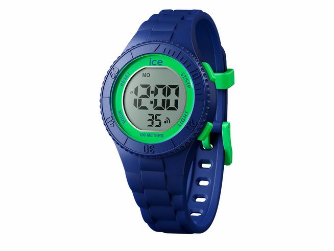 Digitaluhr von Ice Watch in Blau mit grünem Ziffernblatt und digitalen Anzeigen, modell ICE digit - Dino - Extra small, spritzwassergeschützt bis 100 Meter, sportliches Design.