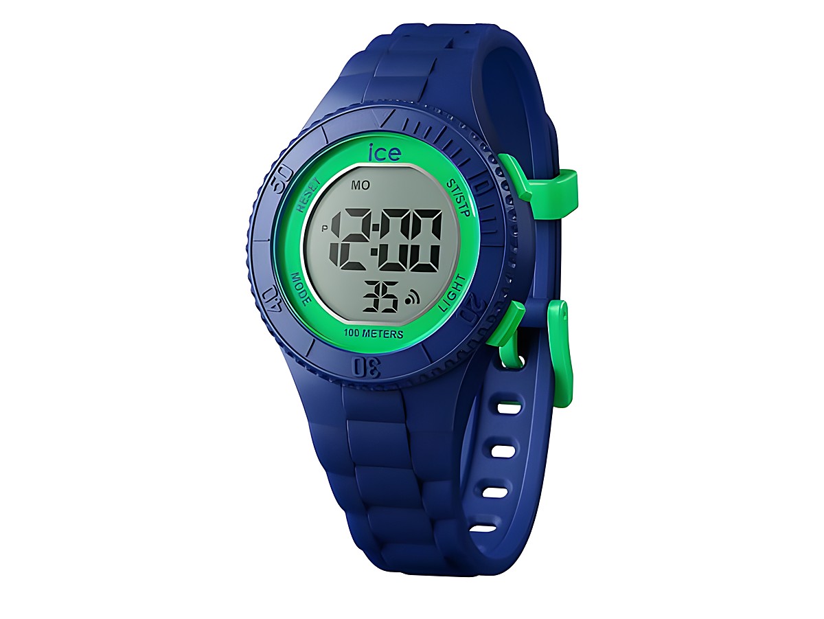 Digitaluhr von Ice Watch in Blau mit grünem Ziffernblatt und digitalen Anzeigen, modell ICE digit - Dino - Extra small, spritzwassergeschützt bis 100 Meter, sportliches Design.