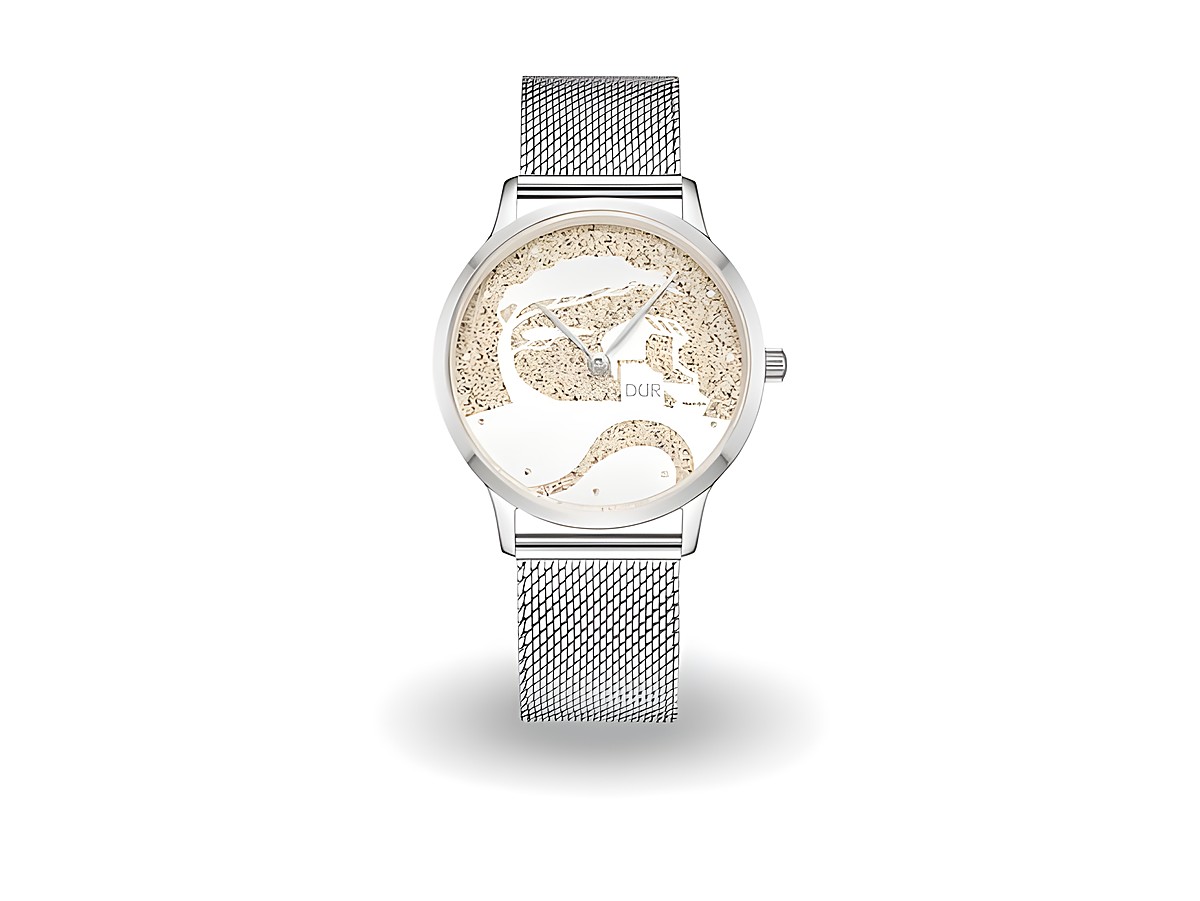 Edelstahlarmbanduhr von DUR mit einem Zifferblatt aus Strandsand in sanften Farbtönen, Modell DW012, 40 mm Durchmesser, zeitloses Design für modebewusste Träger.