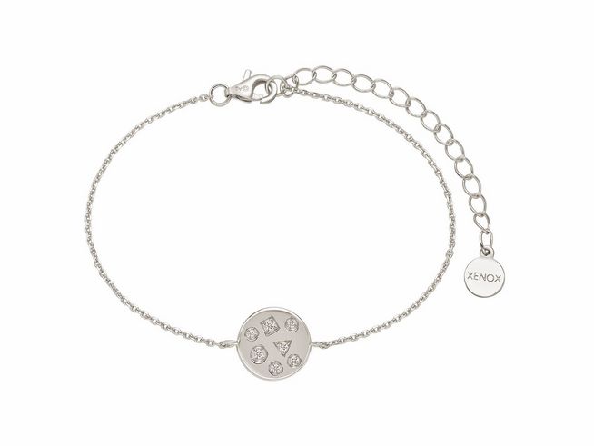 Xenox Sterling Silber Armband XS2224 mit Karenkette für Handgelenke von 15 bis 20 cm, zeigt einen runden Anhänger mit funkelnden Details und einem kleinen Herstellerlogo.