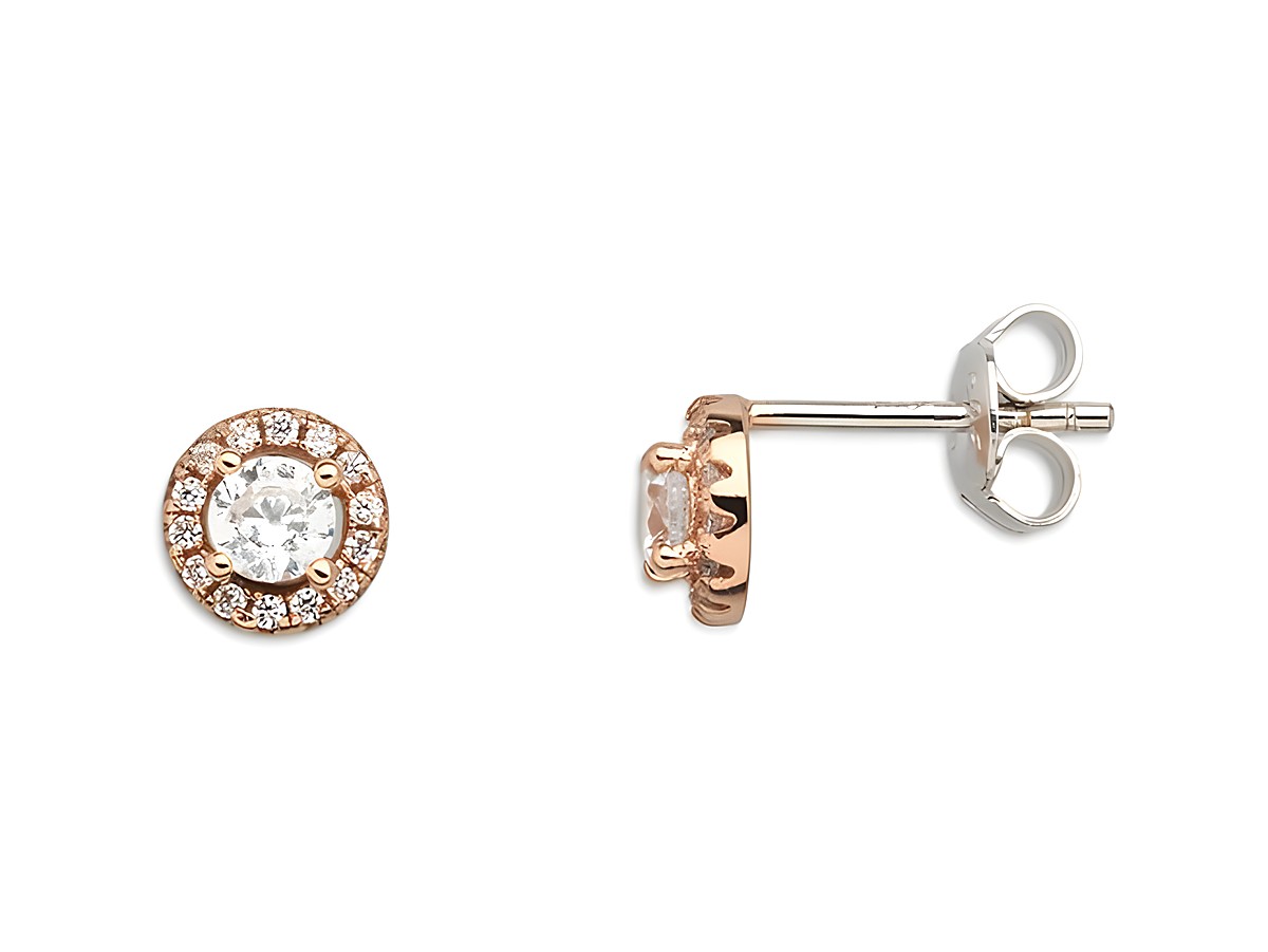 Xenox Sterling Silber Ohrringe XS7364R im Roségold vergoldeten Design mit einem strahlenden Kristall und funkelnden Zirkoniasteinen in einem eleganten Kreisrahmen.