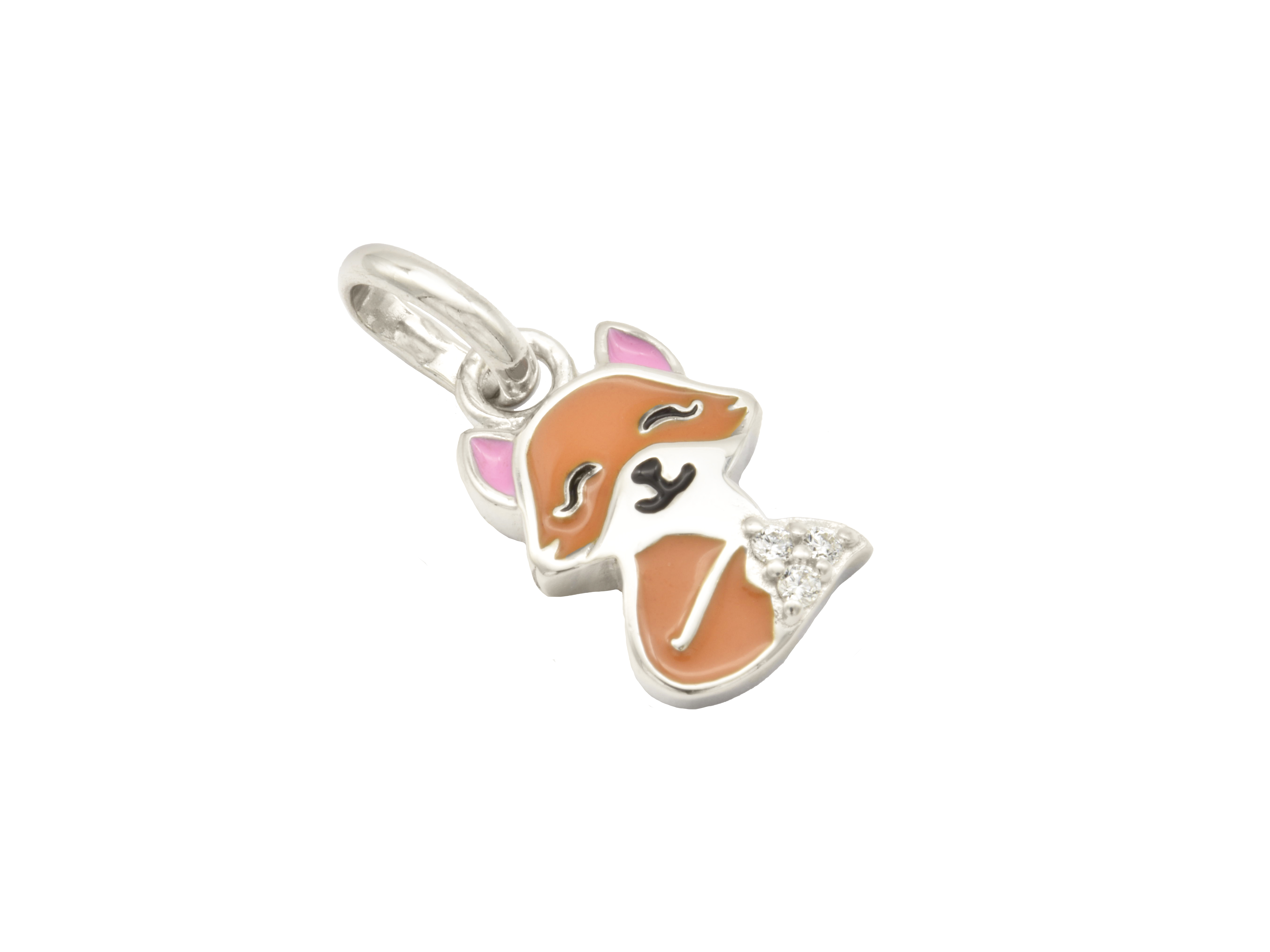 Fuchs Anhänger für Kinder aus rhodiniertem Sterling Silber 925 mit braunem Lack und funkelnden Details, hergestellt von Juwelier Harnisch. Ideal als kindgerechter Schmuck.