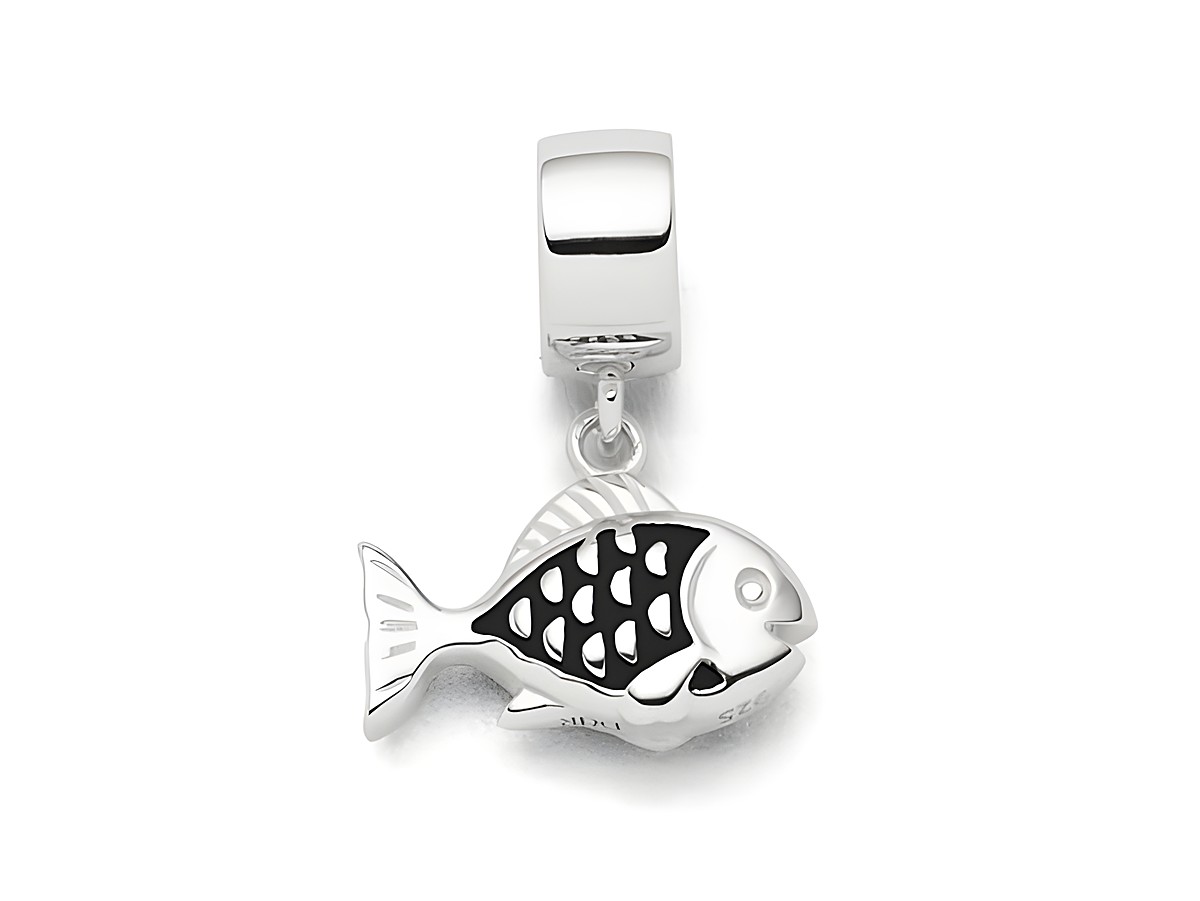 Charm Fisch in dunkel mit Sterling Silber von DUR, filigran gearbeitet mit detaillierten Schuppen. Ideal für individuelle Schmuckstücke und Sammlungen. Hersteller DUR, Modell F300.