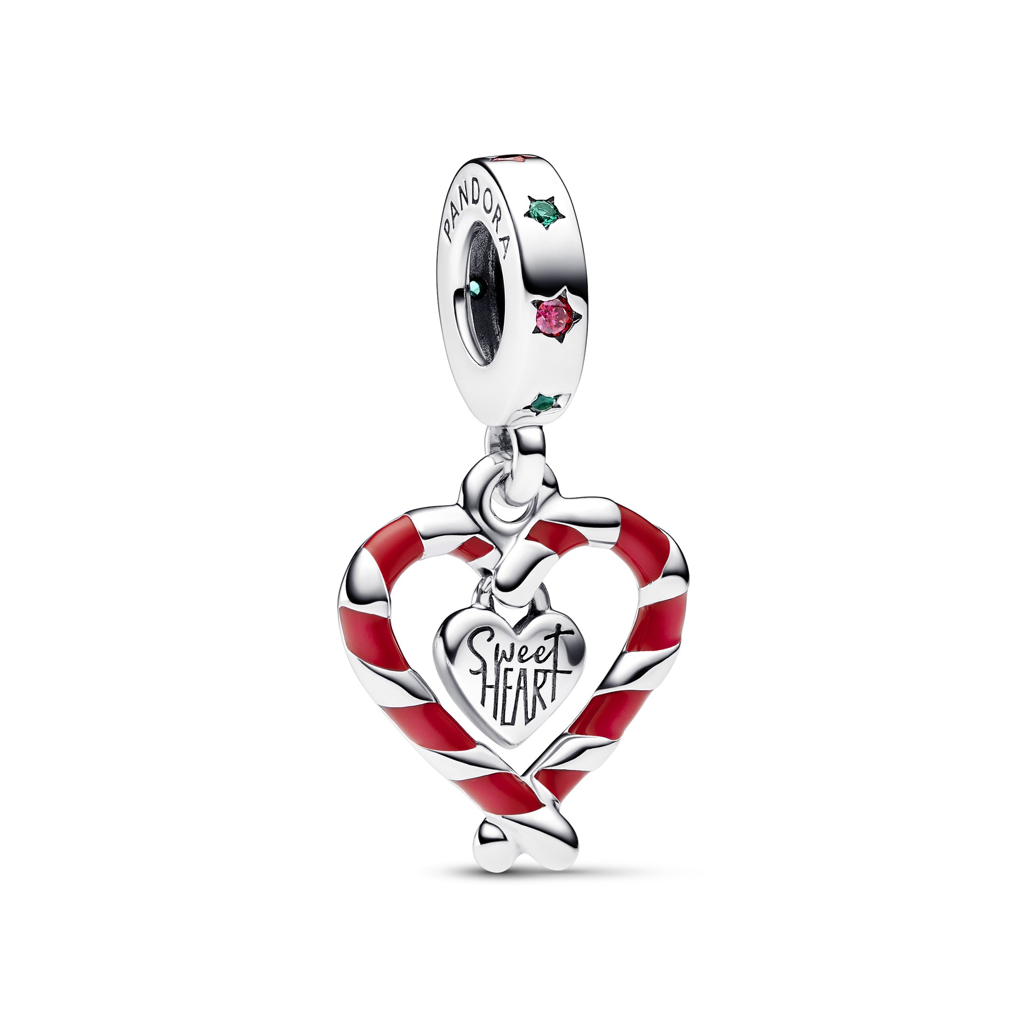 Pandora Doppelte Zuckerstange Herz Weihnachts-Charm-Anhänger - Sterling Silber - Steinmix Multicolor