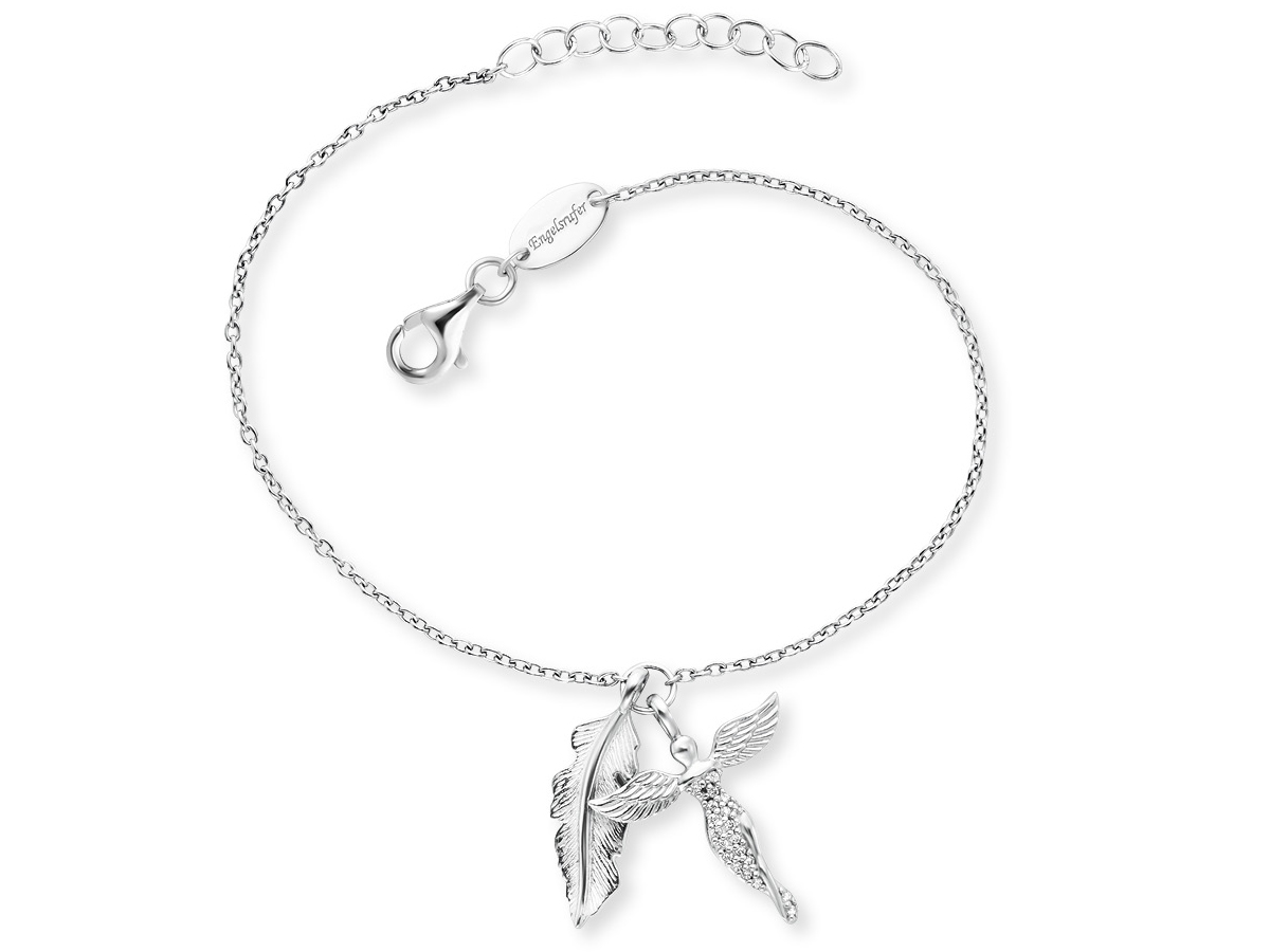 Silbernes Armband von Engelsrufer mit Zirkonia, versehen mit einem Anhänger in Form eines Engels und einer Feder, 17 cm lang, rhodiniert, elegant und filigran gestaltet.