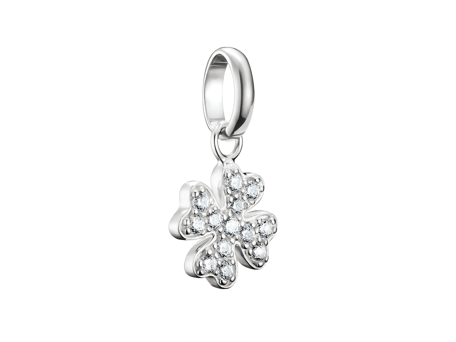 Charm in Form eines Glücksklee aus Silber mit funkelndem Pavé aus Zirkonia, ausgestattet mit einer praktischen Öse, Teil der Thomas Sabo Charm Club CONNECT Kollektion.