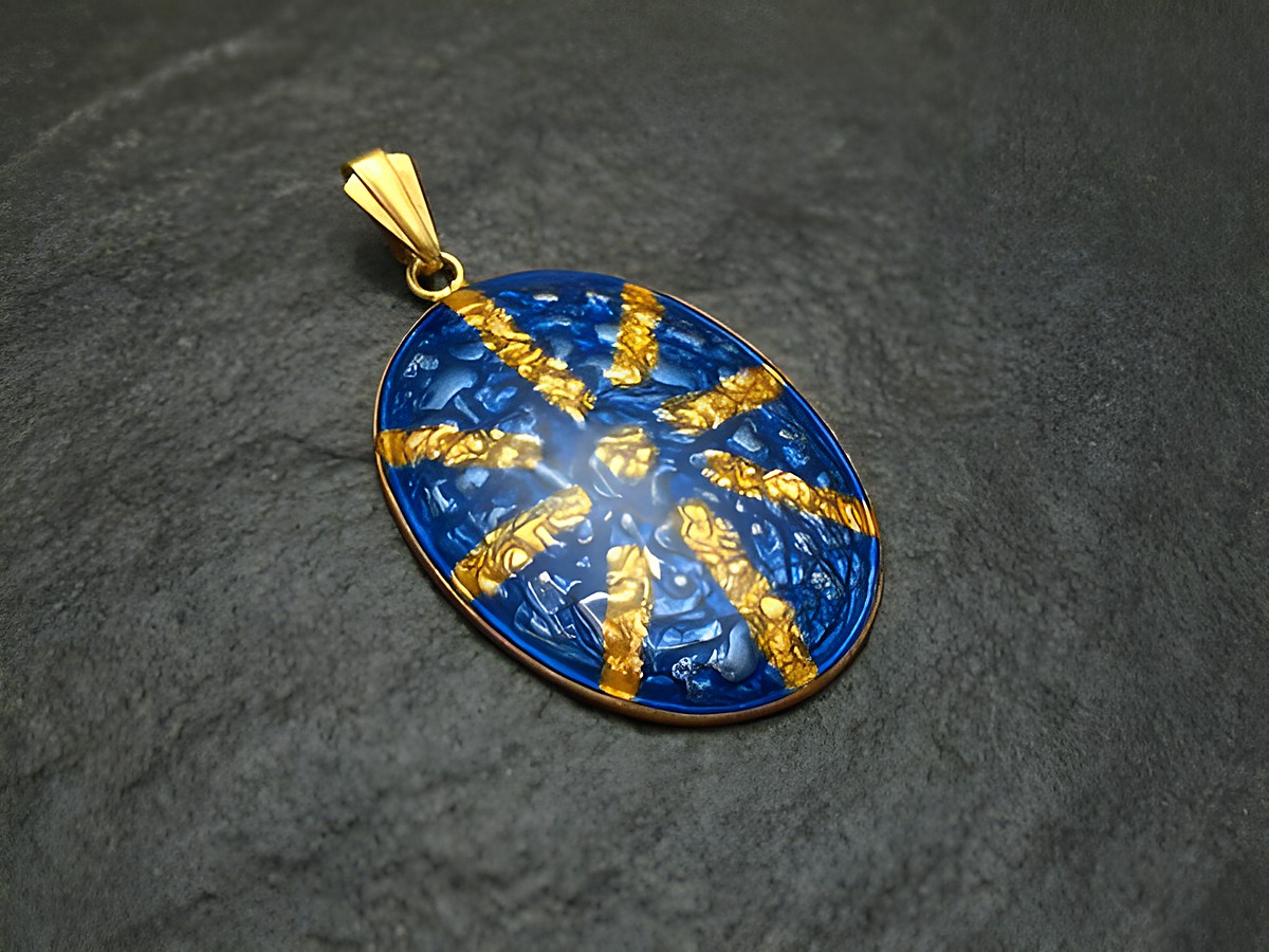 Emaille Anhänger in Blau und Gelb mit einem Vintage-Design, vergoldet, ovaler Form, präsentiert sich kunstvoll mit einem ansprechenden Muster, hergestellt von Juwelier Harnisch.