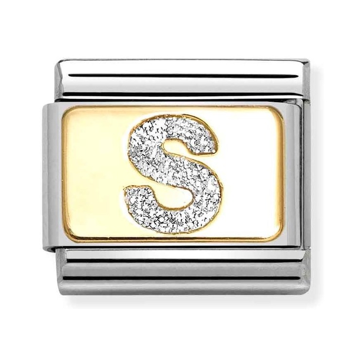 Nomination Composable Classic Charm Buchstabe S Silberglitzer - Edelstahl, Gold 750, Emaille