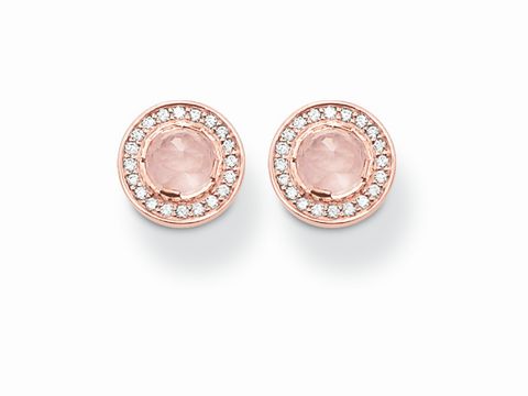 Ohrstecker von Thomas Sabo mit runden Rosenquarzsteinen in vergoldetem Roségold 925 Sterling Silber, umgeben von pink Zirkonia für einen eleganten Look.