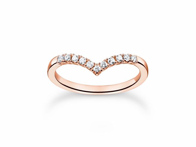 Thomas Sabo Ring TR2394-416-14-56 aus Sterling Silber in roségold-vergoldet mit Zirkonia, dekoratieve V-Form, Größe 56. Elegantes Schmuckstück für jeden Anlass.