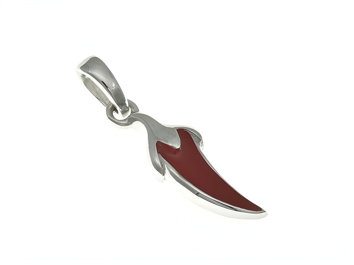 Chilischote Anhänger aus sterling Silber rhodiniert mit rotem Emaille dekoriert, geeignet für Kinder, hergestellt von Juwelier Harnisch.