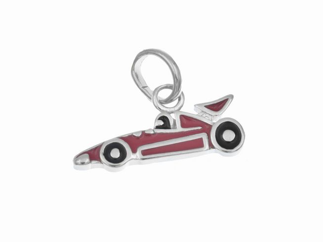 Anhänger in Form eines roten Rennautos aus Sterling Silber, rhodiniert, ideal für Kinder, Hersteller Juwelier Harnisch, detailreiche Ausführung mit schwarzen Rädern.