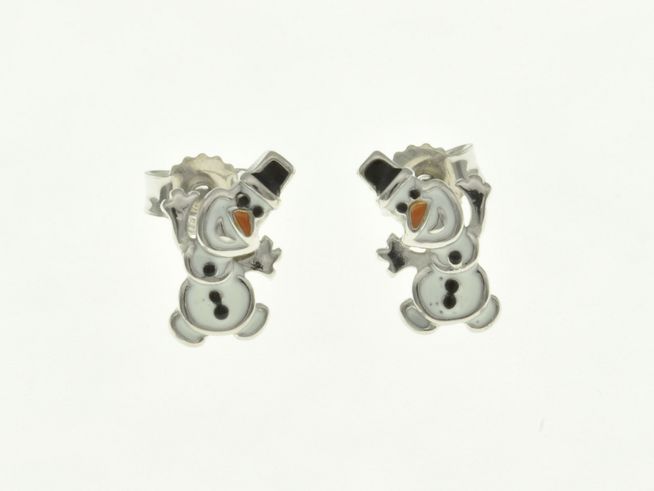 Schneemann Ohrstecker aus rhodiniertem Sterling Silber mit Emaille, fröhliches Design für Kinder, für festliche Anlässe und als schönes Accessoire.