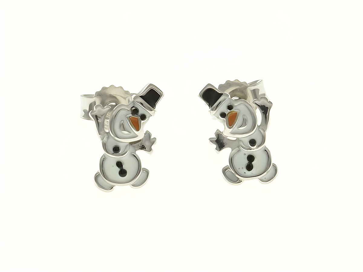 Schneemann Ohrstecker aus rhodiniertem Sterling Silber mit Emaille, fröhliches Design für Kinder, für festliche Anlässe und als schönes Accessoire.