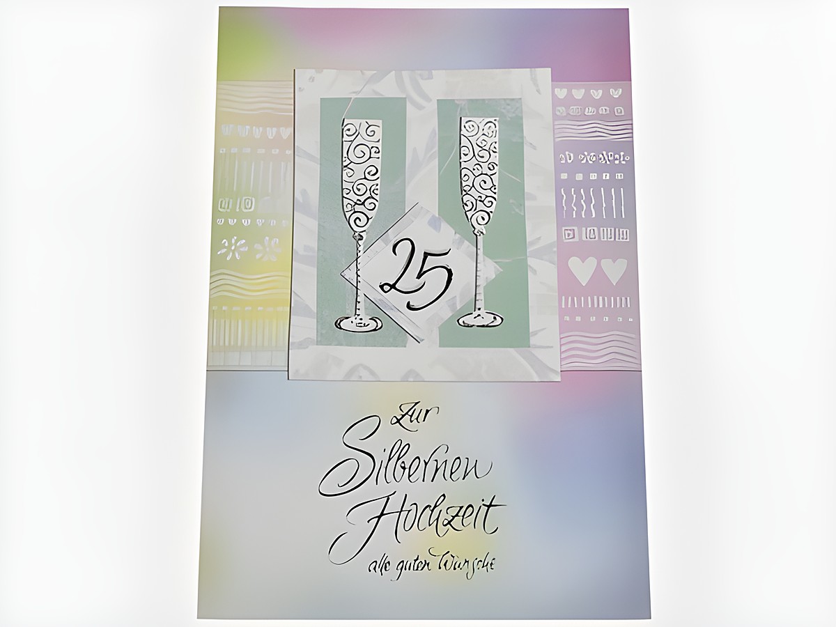 Hochzeitskarte zur Silberne Hochzeit mit Sektgläsern und der Aufschrift 25, dekorativer Hintergrund in sanften Farben, Hersteller Juwelier Harnisch, ideal für Glückwünsche.